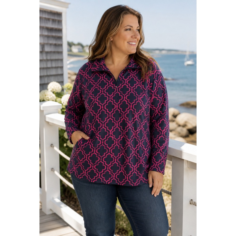 Lands End 1X Fleece Pullover Pink Navy Quarter Zip Geometric Cozy Plus Size